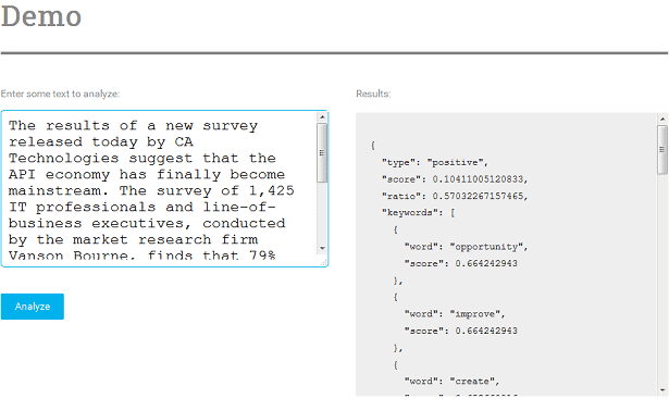 Twinword Sentiment Analysis Demo Screenshot Taken by Programmable Web