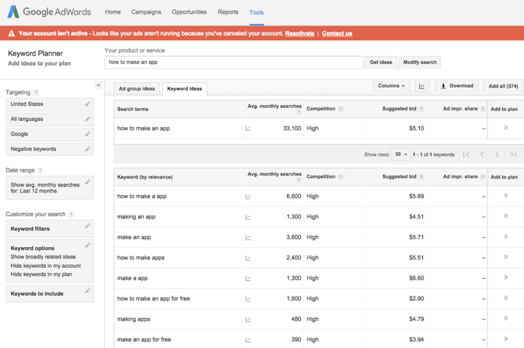 Screenshot of Google AdWords Keyword Planner