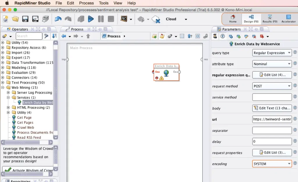 RapidMiner Enrich Data by Webservice Parameters Screenshot for Twinword Sentiment Analysis