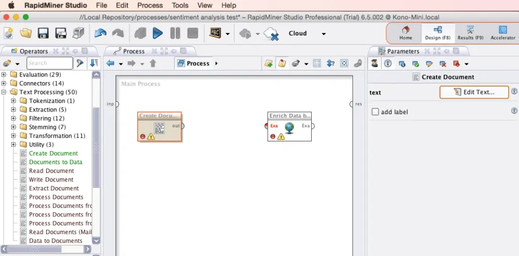 RapidMiner Create Document Screenshot