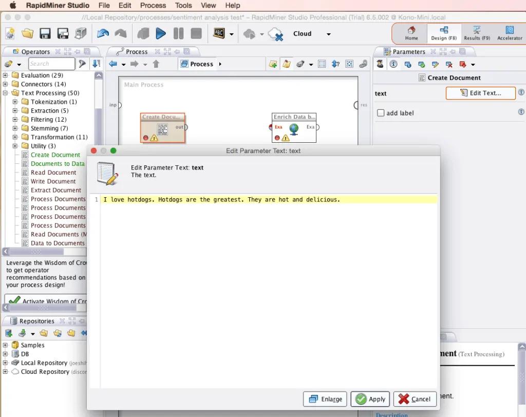 RapidMiner Create Document Edit Text Parameter Screenshot