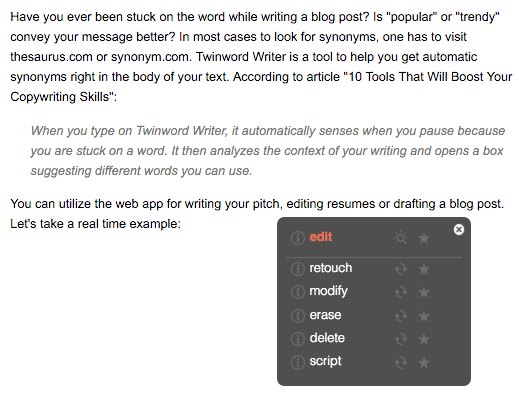 Screenshot of Twinword Writer showing the suggestions drop down box