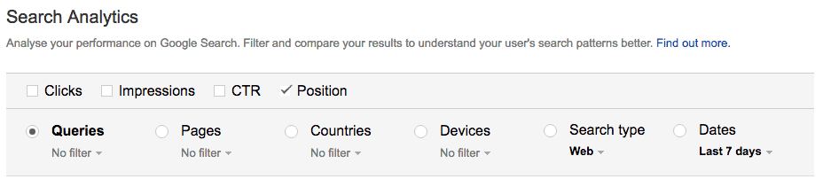 Screenshot of Google Search Console Search Analytics options and filters