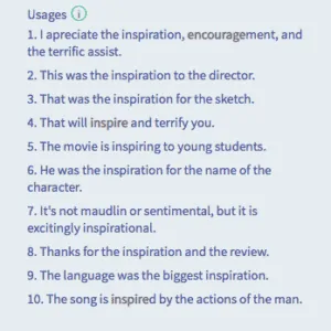 Screenshot of Twinword Ideas LSI Graph showing real example sentences including the word "inspire".