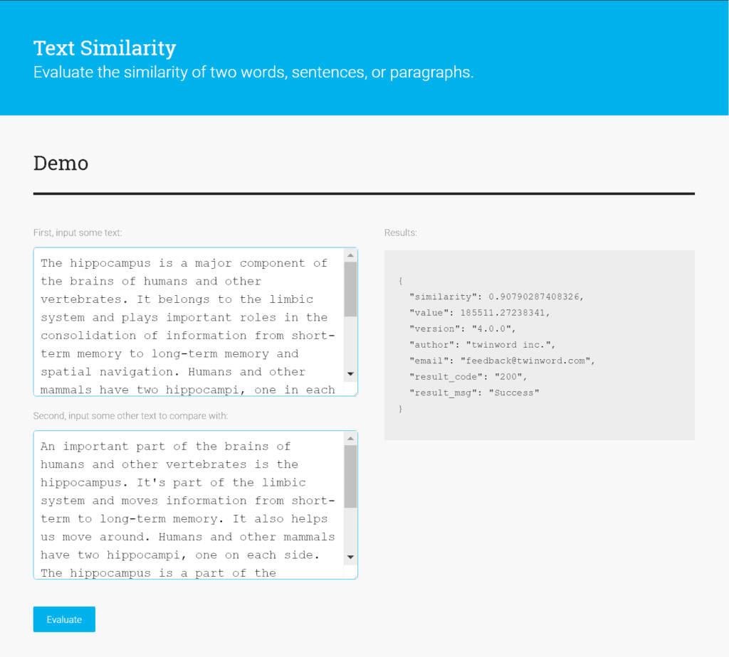 Text Similarity API Demo Screenshot