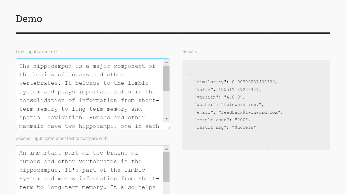 Text Similarity API Demo Screenshot