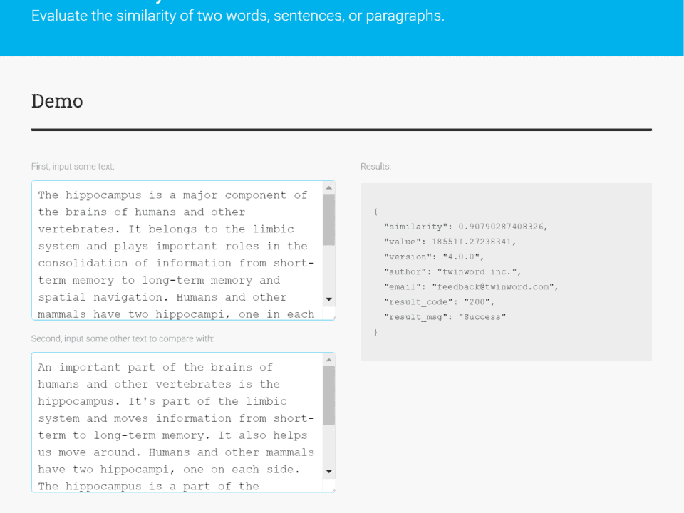 Text Similarity API Demo Screenshot