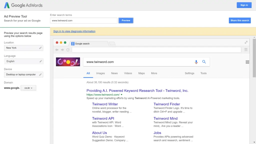 Searching up how Twinword's website looks in the United States on Google