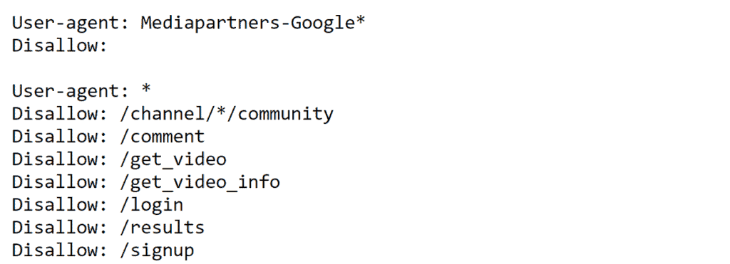 Example of a robots.txt file using YouTube