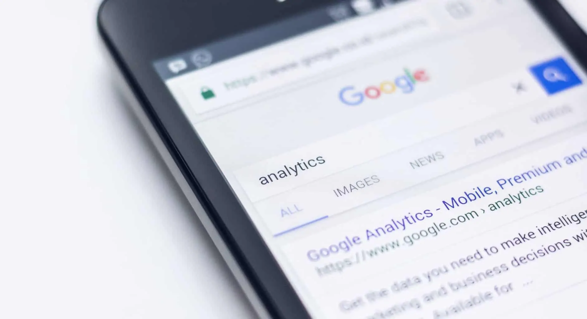 the word 'analytics' was googled and shows 'Google Analytics' as the first search result.