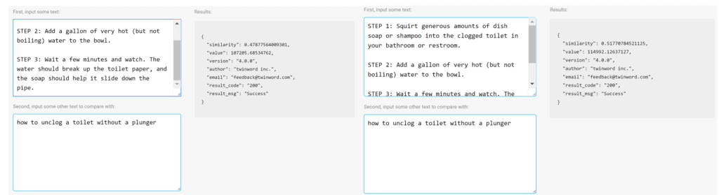 screenshot of text similarity tool