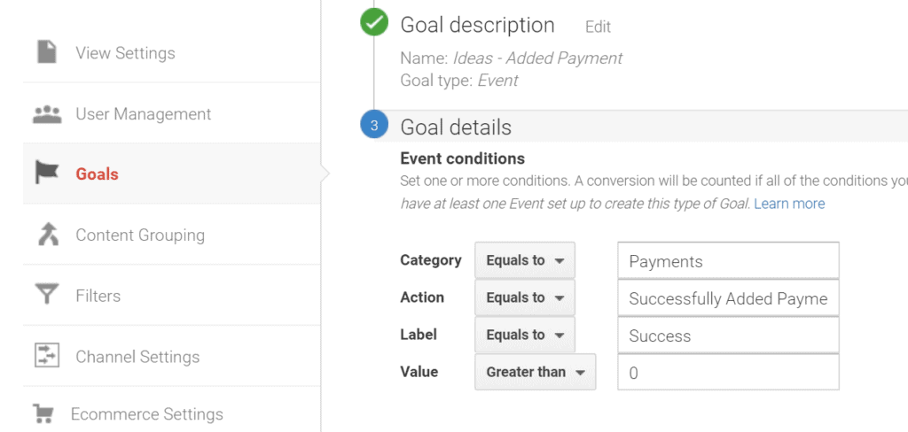 Screenshot of Google Analytics Goal Details Configuration Page