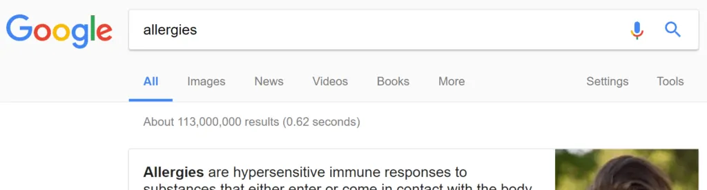 Screenshot of Google SERP of allergies