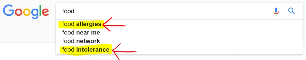 Screenshot of Google Autosuggest suggesting food allergies