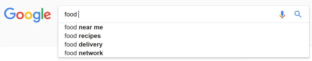 Screenshot of Google Autosuggest suggesting food near me