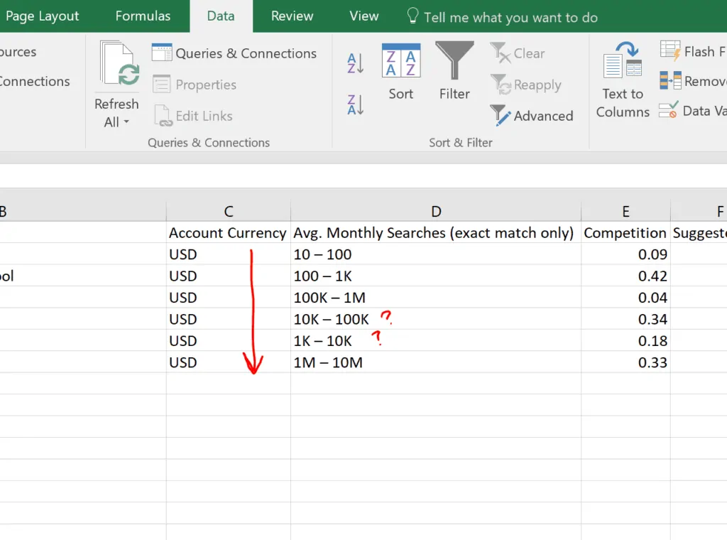 Screenshot of Excel sheet with ranges sorted in Alphabetical Sort Order