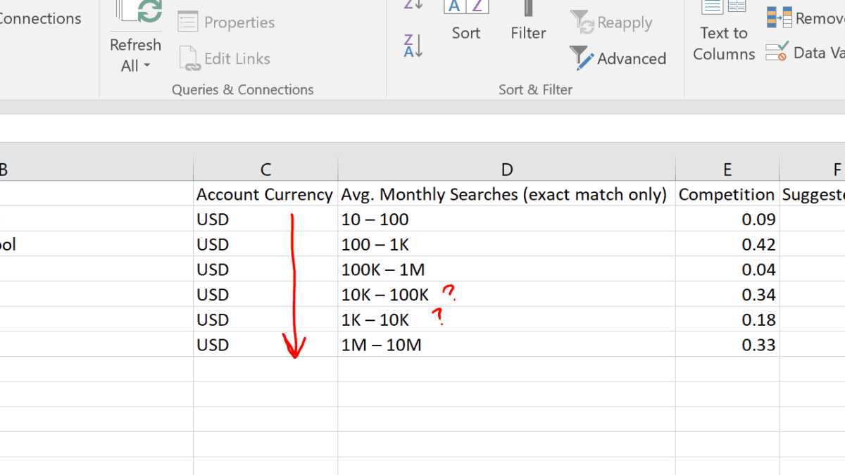 Screenshot of Excel sheet with ranges sorted in Alphabetical Sort Order