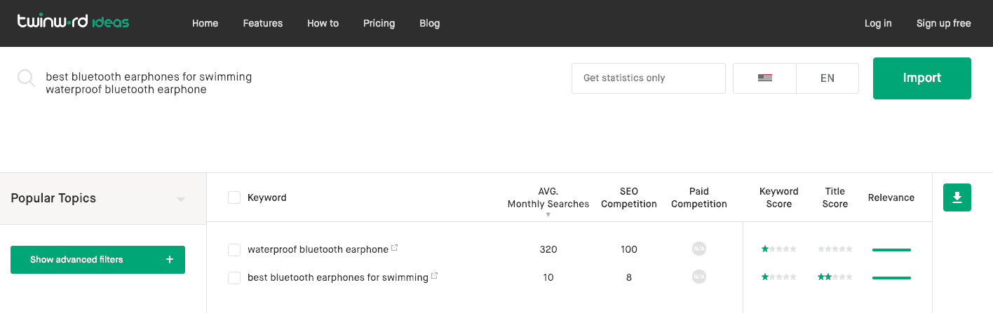 Screenshot of the keyword tool Twinword Ideas showing the import feature.