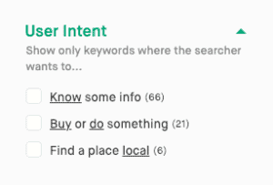 Screenshot of Twinword Ideas user intent filter.