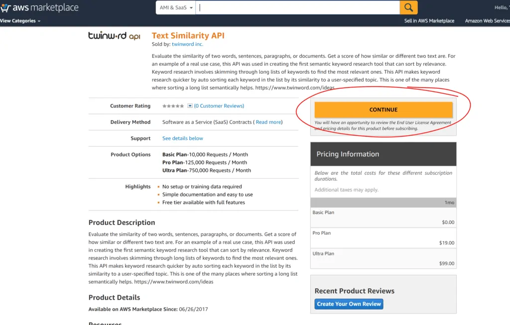 Screenshot of Twinword API listed on AWS Marketplace with Continue button circled