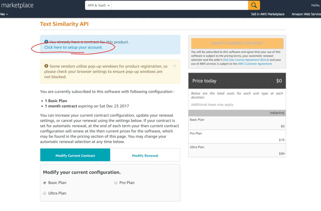 Screenshot of Twinword API listed on AWS Marketplace on the modify plan page with Click-here-to-setup-your-account button circled