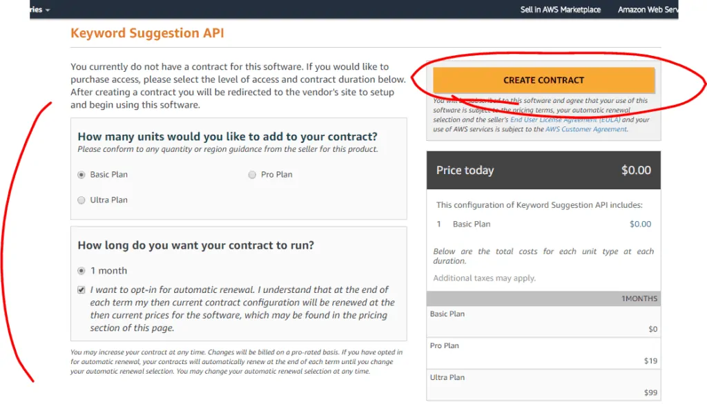 Screenshot of Twinword API listed on AWS Marketplace on the subscribe to plan page with Create-Contract button circled