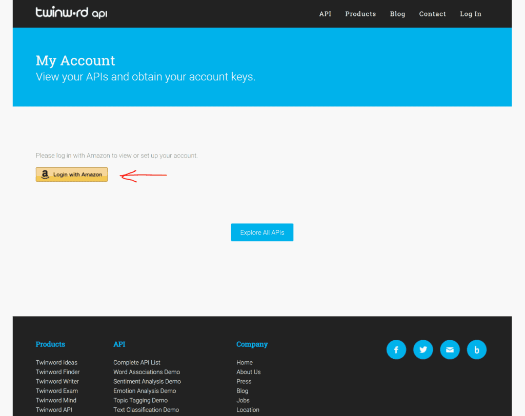 Screenshot of Twinword API My Account Page Login
