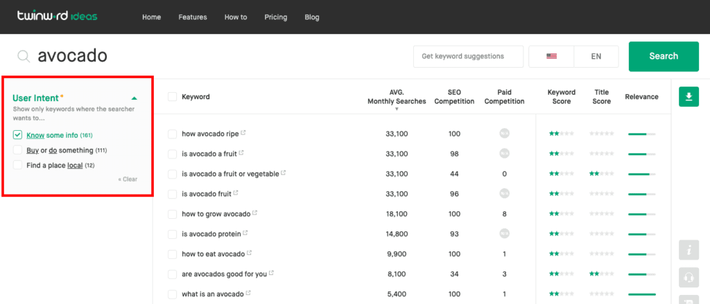 Screenshot of Twinword Ideas' user intent filter.