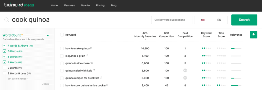 Screenshot of Twinword Ideas' word count filter, showing long-tail keywords.