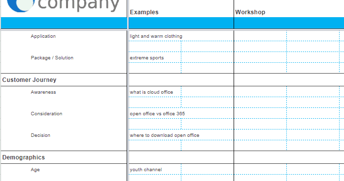 Screenshot of examples and workshop sections of the Client Keyword Brainstorming Template.