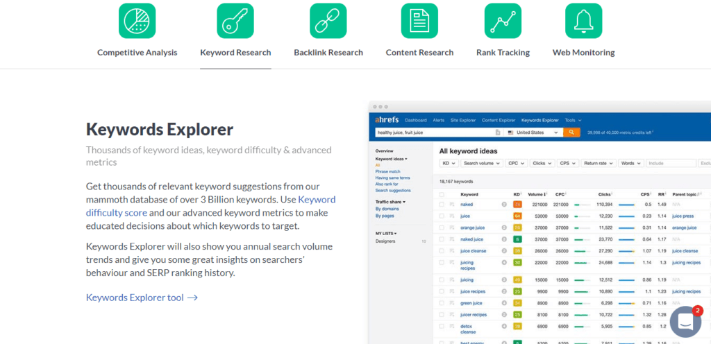 Picture of Ahref's Keyword Explorer Tool.
