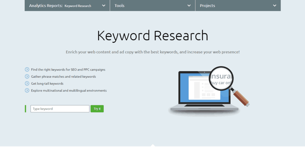 Picture of SEMrush's Keyword Research Tool.