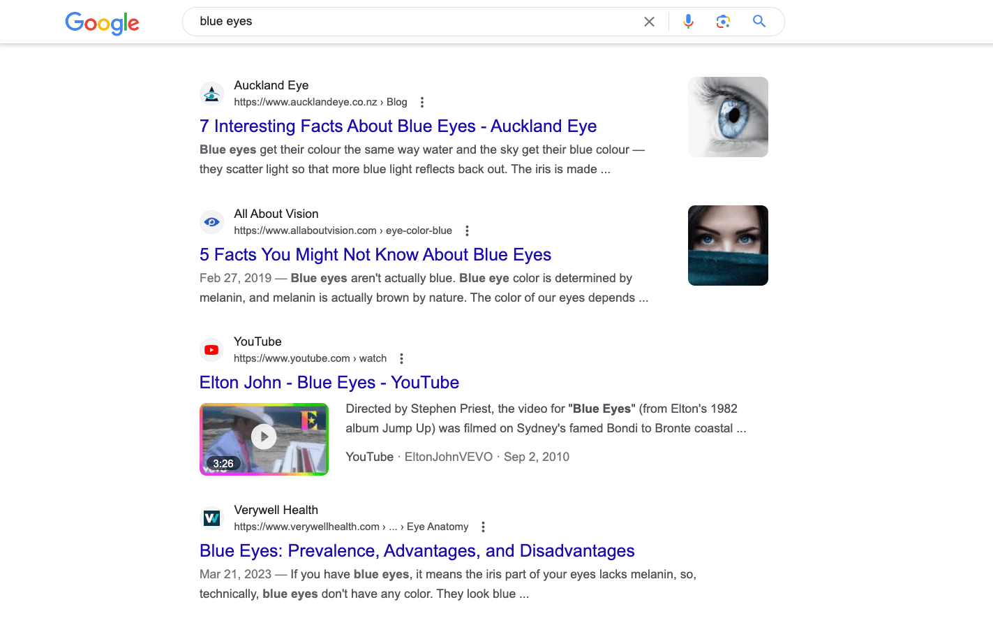 Google SERP of Blue Eyes Query