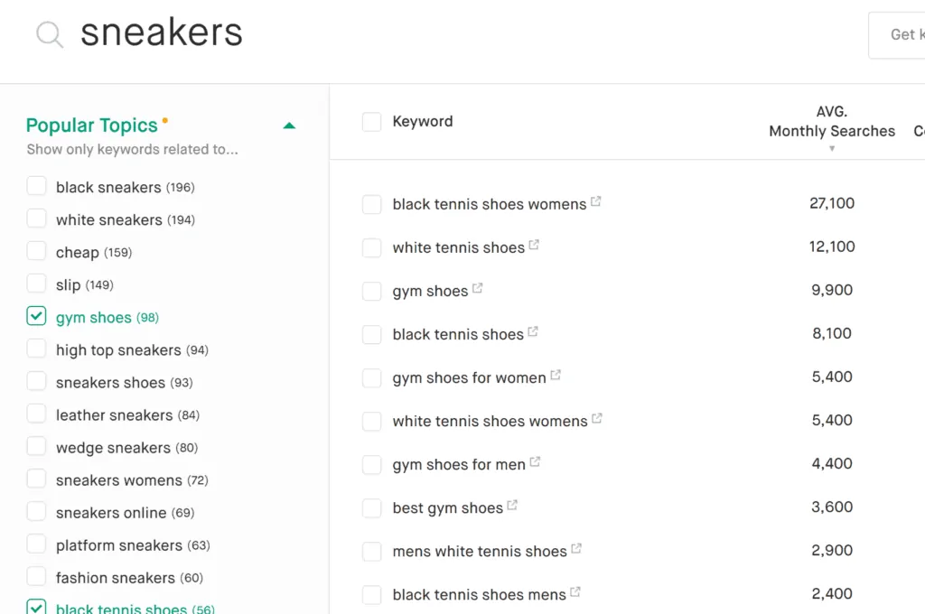Screenshot of Twinword Ideas selecting Popular Topics.