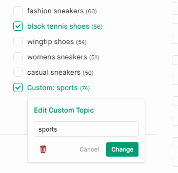 Screenshot of setting and filtering a keyword list by a custom Popular Topic in Twinword Ideas.