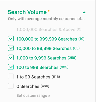 Screenshot of search volume filter.
