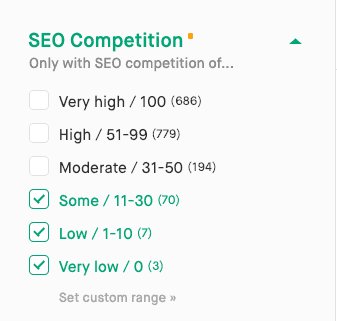 Screenshot of SEO competition filter