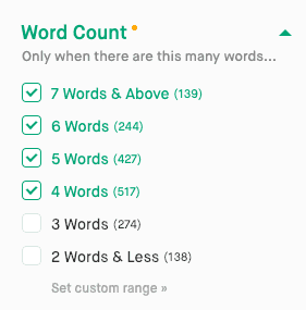 Screenshot of word count filter.