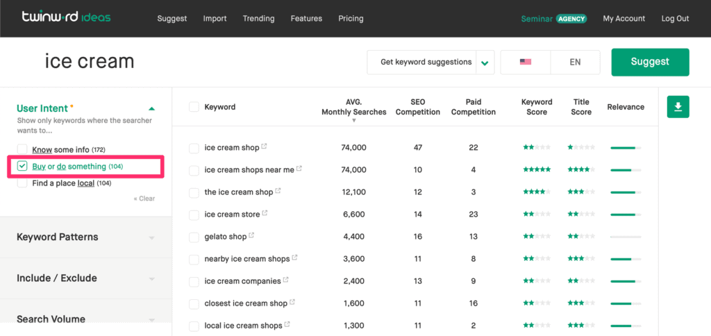 Screenshot of Twinword Ideas' user intent filter.