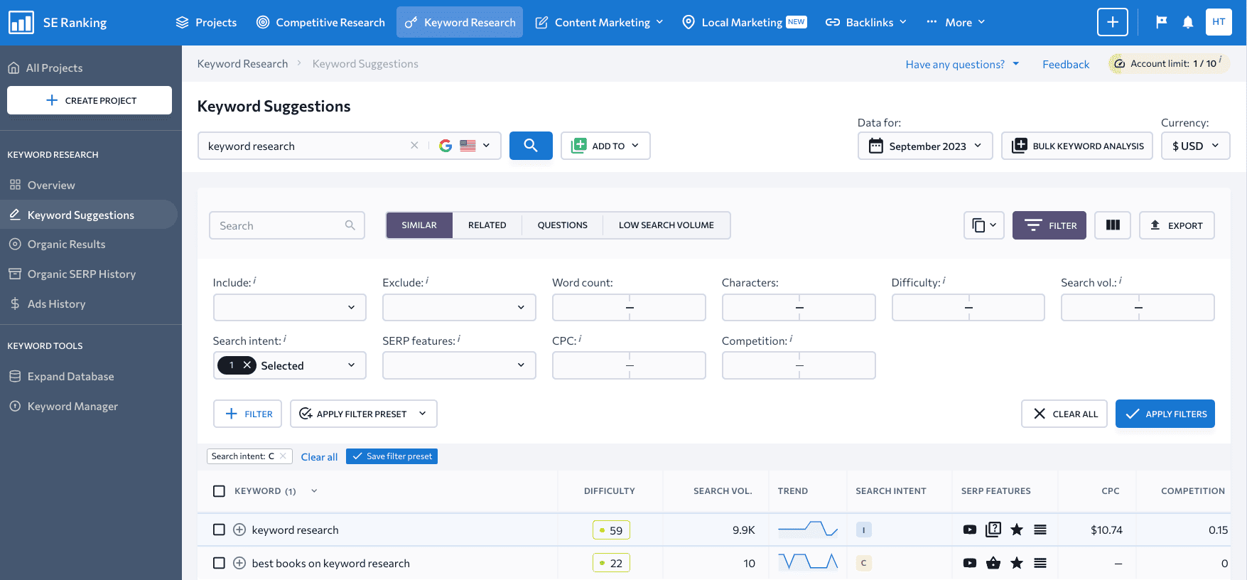 a demo of keyword patterns at seranking