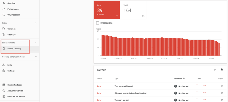 Search Console's mobile usability checker indicating issues that affect your site's mobile usability..