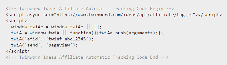 Twinword Ideas Affiliate Automatic Tracking Code Snippet Screenshot