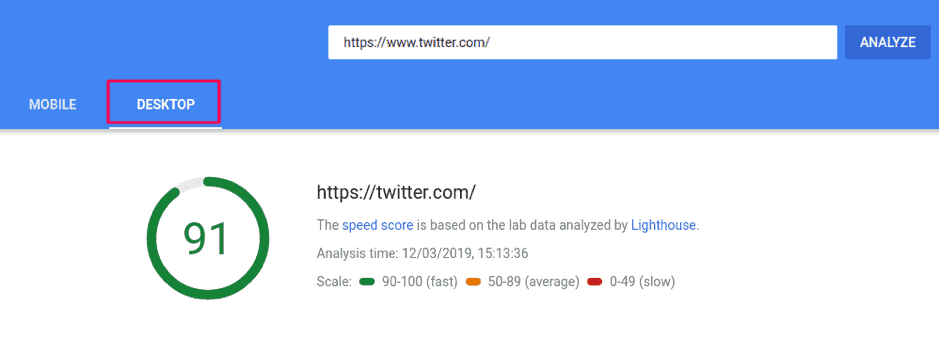 Google's pagespeed insight tool showing page speed results for the desktop version of one's website.