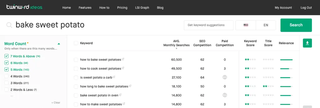 Screenshot of Twinword Ideas the smartest keyword tool for SEO that shows the word-count filter in order to display long-tail keywords.