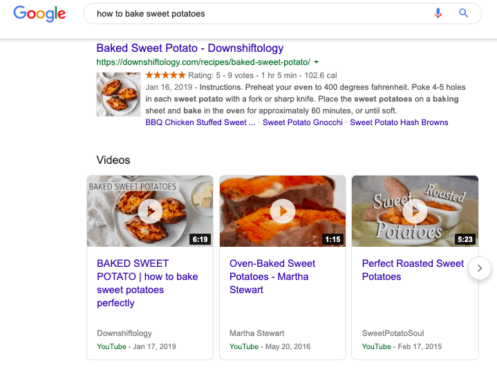 screenshot of Google SERP showing videos on the first page of Google about how to bake sweet potatoes.