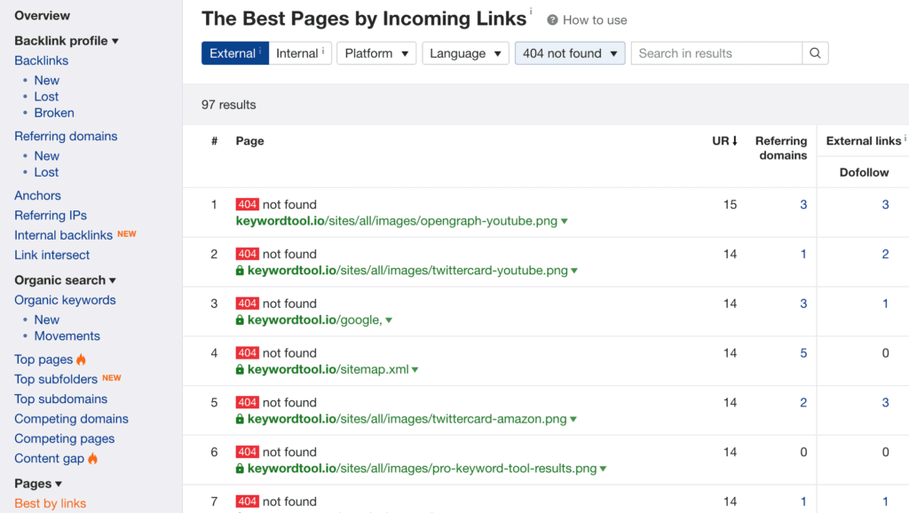 Ahrefs Best by links and sort by 404 errors