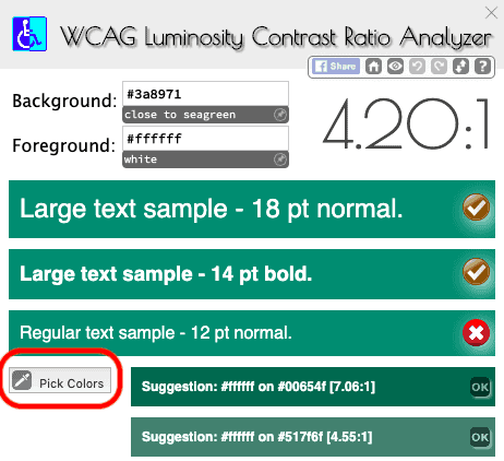 Screenshot of chrome extension that helps to find color contrast ratio.