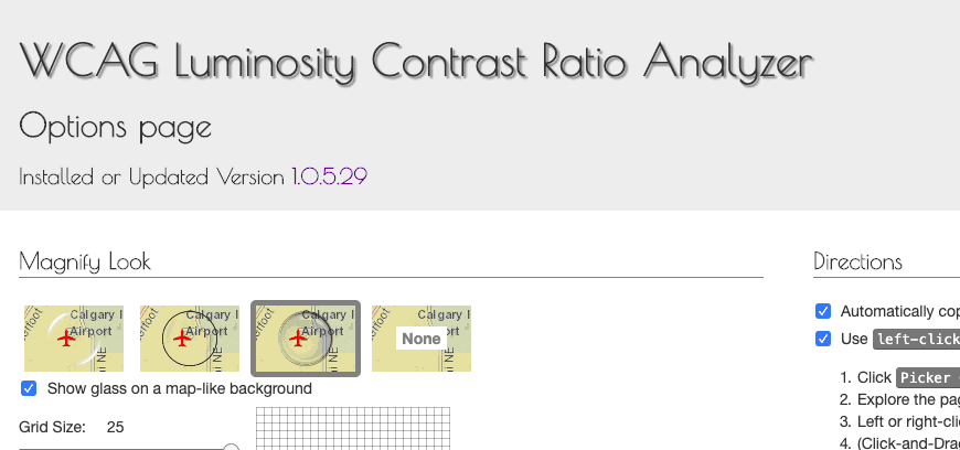 Screenshot of color contrast ratio checking chrome extension.