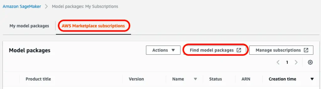 Screenshot of AWS Sagemaker showing the AWS Marketplace subscriptions.