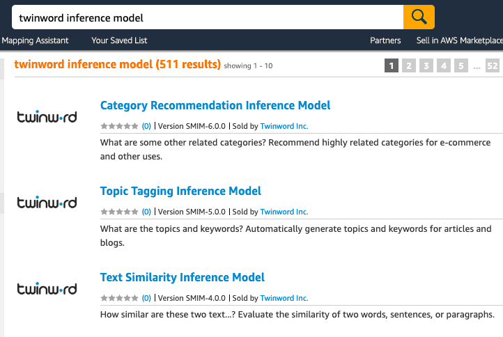 Screenshot of Twinword's inference models on AWS Sagemaker